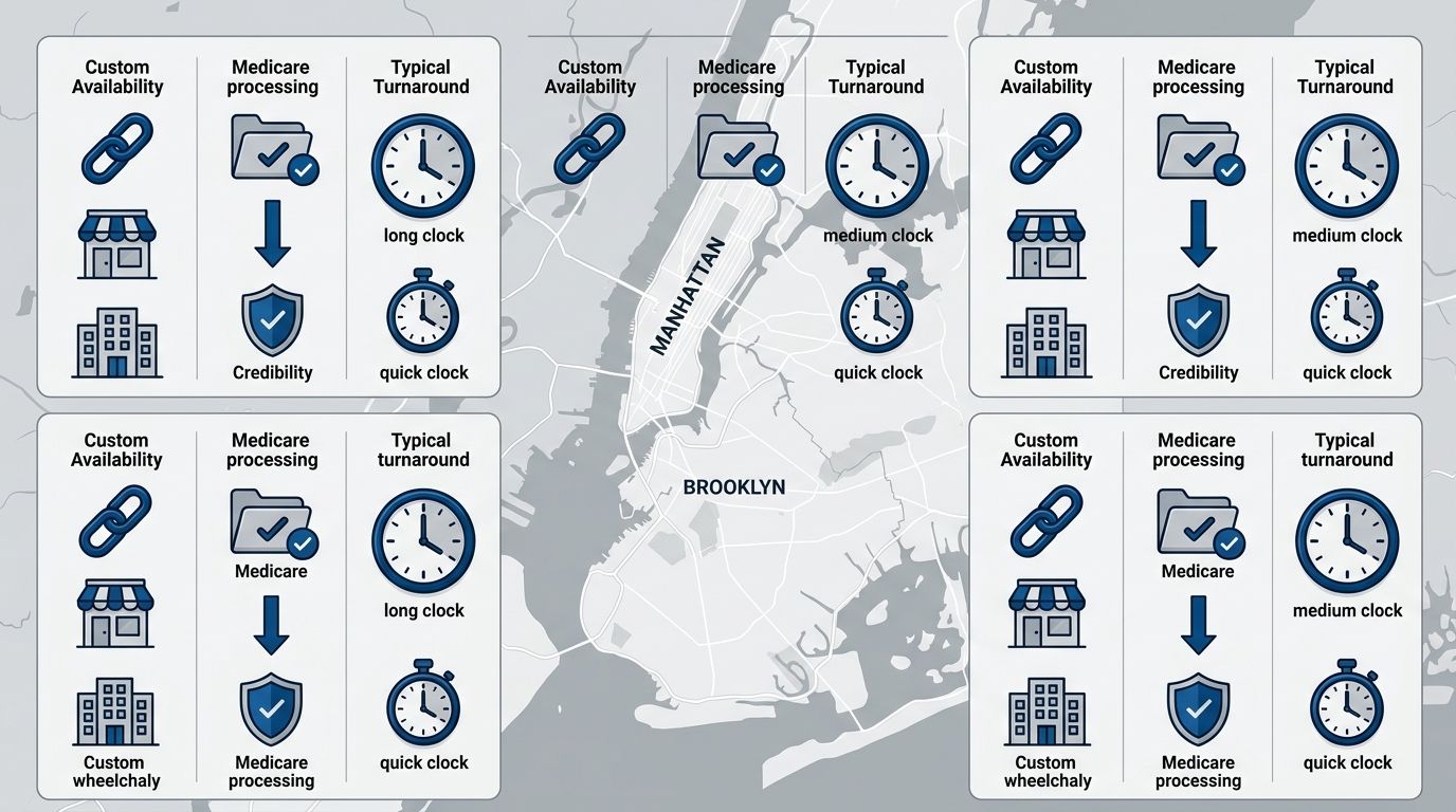 Infographic showing powered wheelchair services comparison in Manhattan, Brooklyn, and Spring Valley: custom options, Medicare processing, turnaround times.