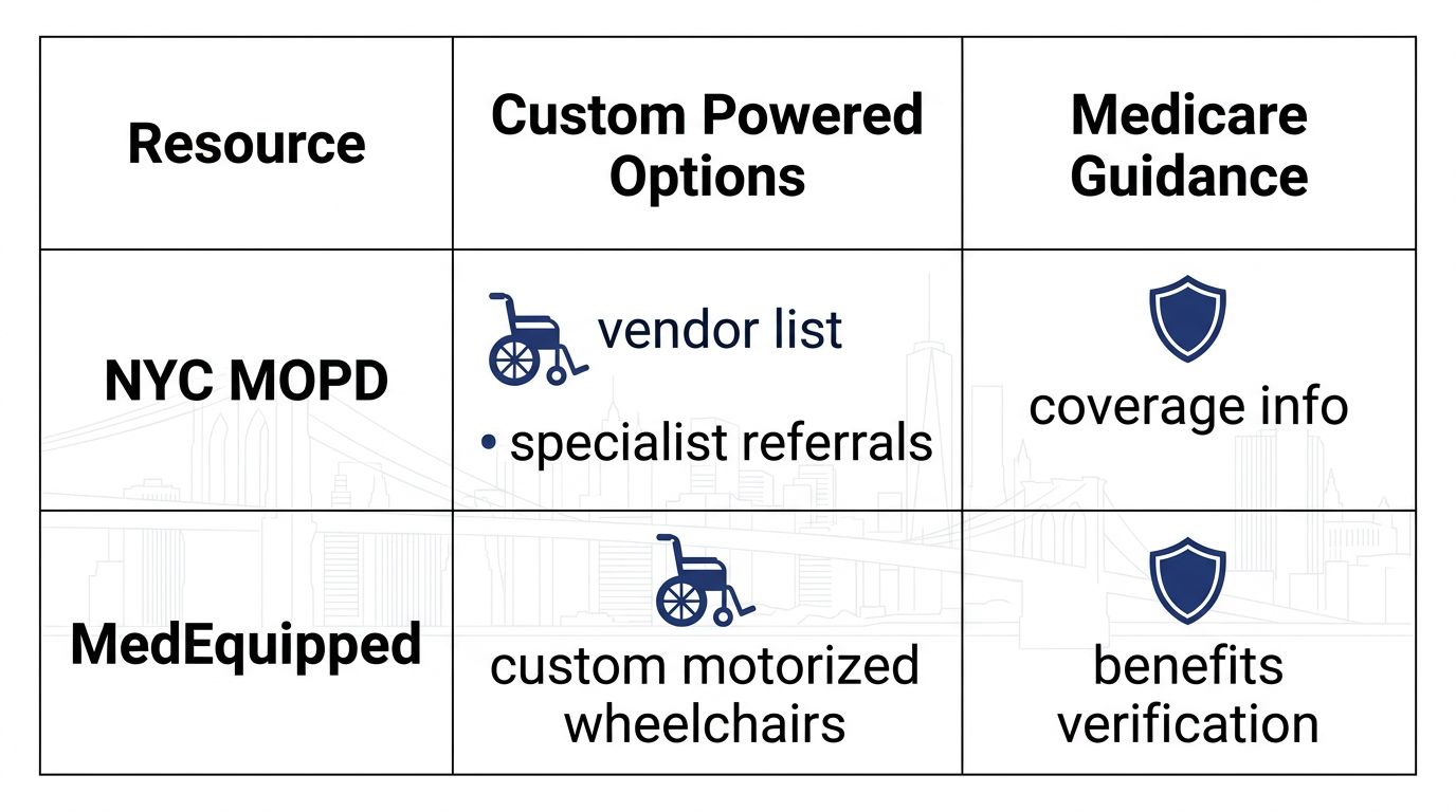 Infographic comparing Brooklyn wheelchair resources: NYC MOPD and MedEquipped services with custom options and Medicare guidance