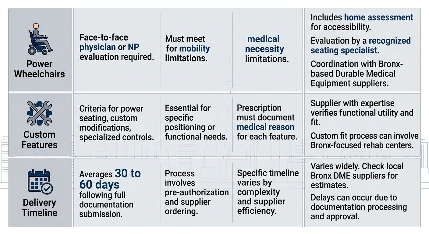 Infographic table comparing Medicare wheelchair coverage: aspects, criteria, and Bronx-specific notes with icons