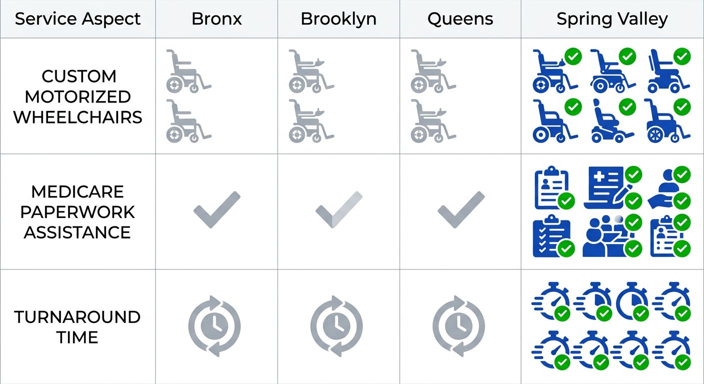 Infographic matrix comparing mobility services: custom motorized wheelchairs, Medicare paperwork assistance, and turnaround times across Bronx, Brooklyn, Queens, and Spring Valley MedEquipped.