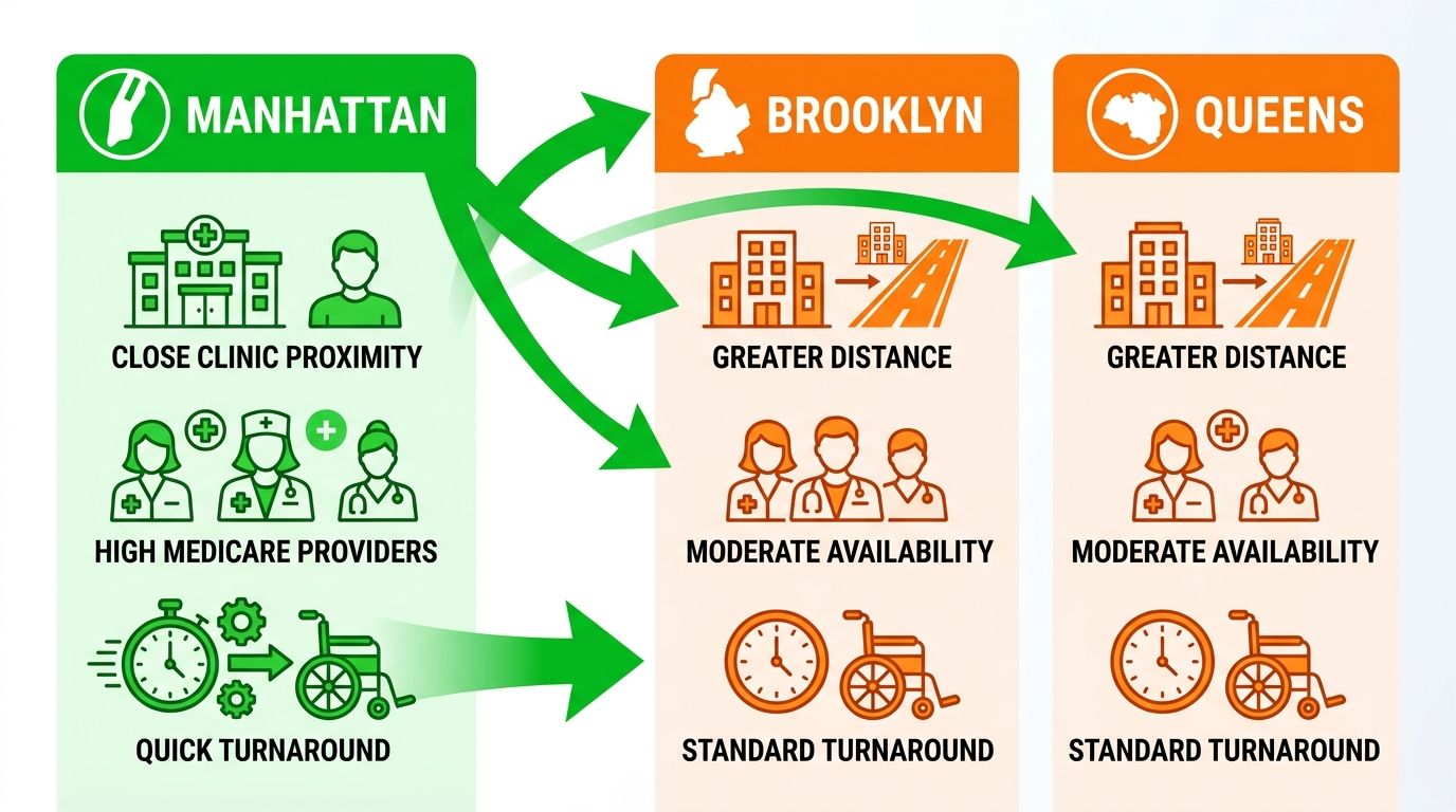 Infographic comparing custom motorized wheelchair access advantages in Manhattan versus Brooklyn and Queens, highlighting proximity, Medicare availability, and faster turnaround.