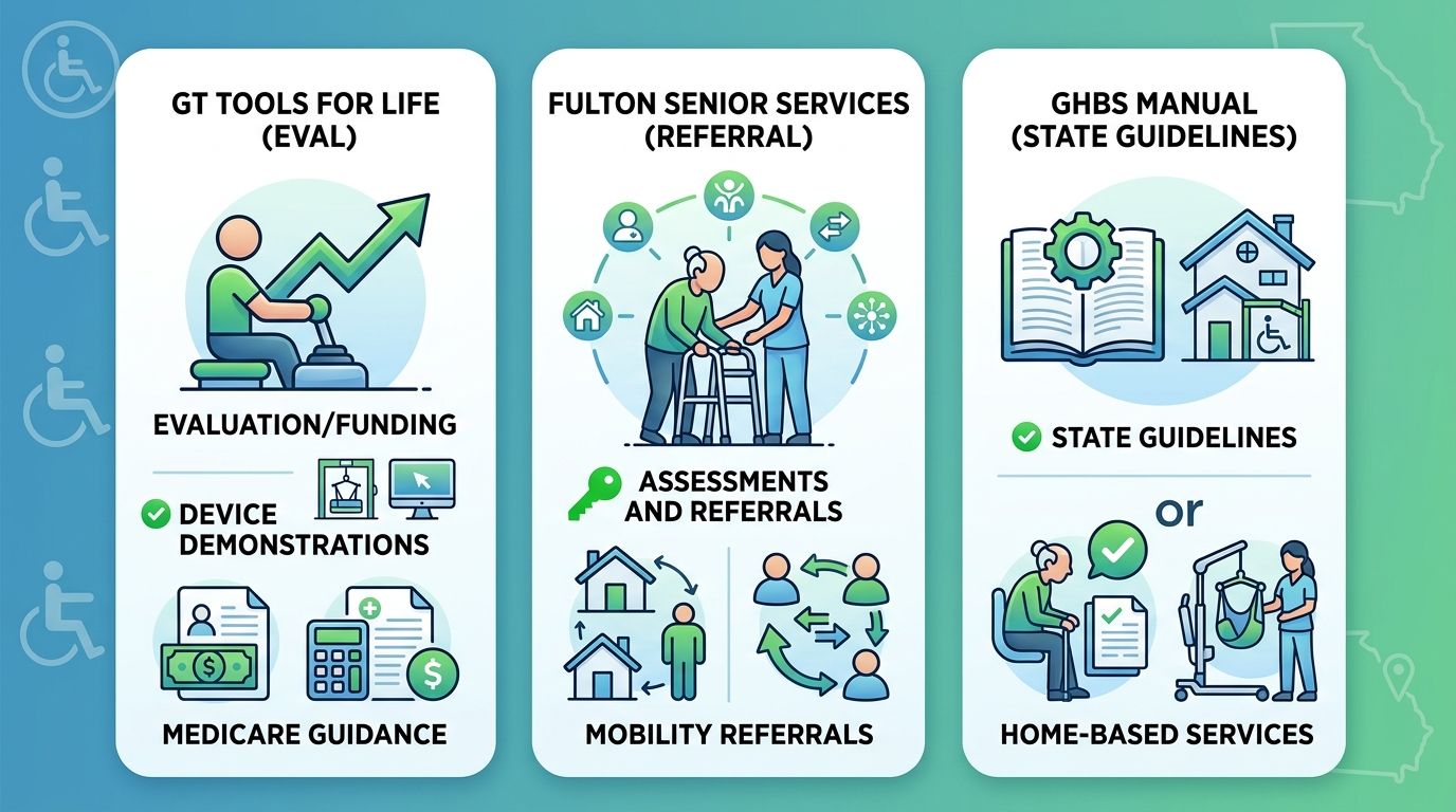 Infographic showing three key Sandy Springs resources for patient lifts: Georgia Tech Tools for Life, Fulton County Senior Services, Georgia HCBS 5300 Manual with service icons and labels.