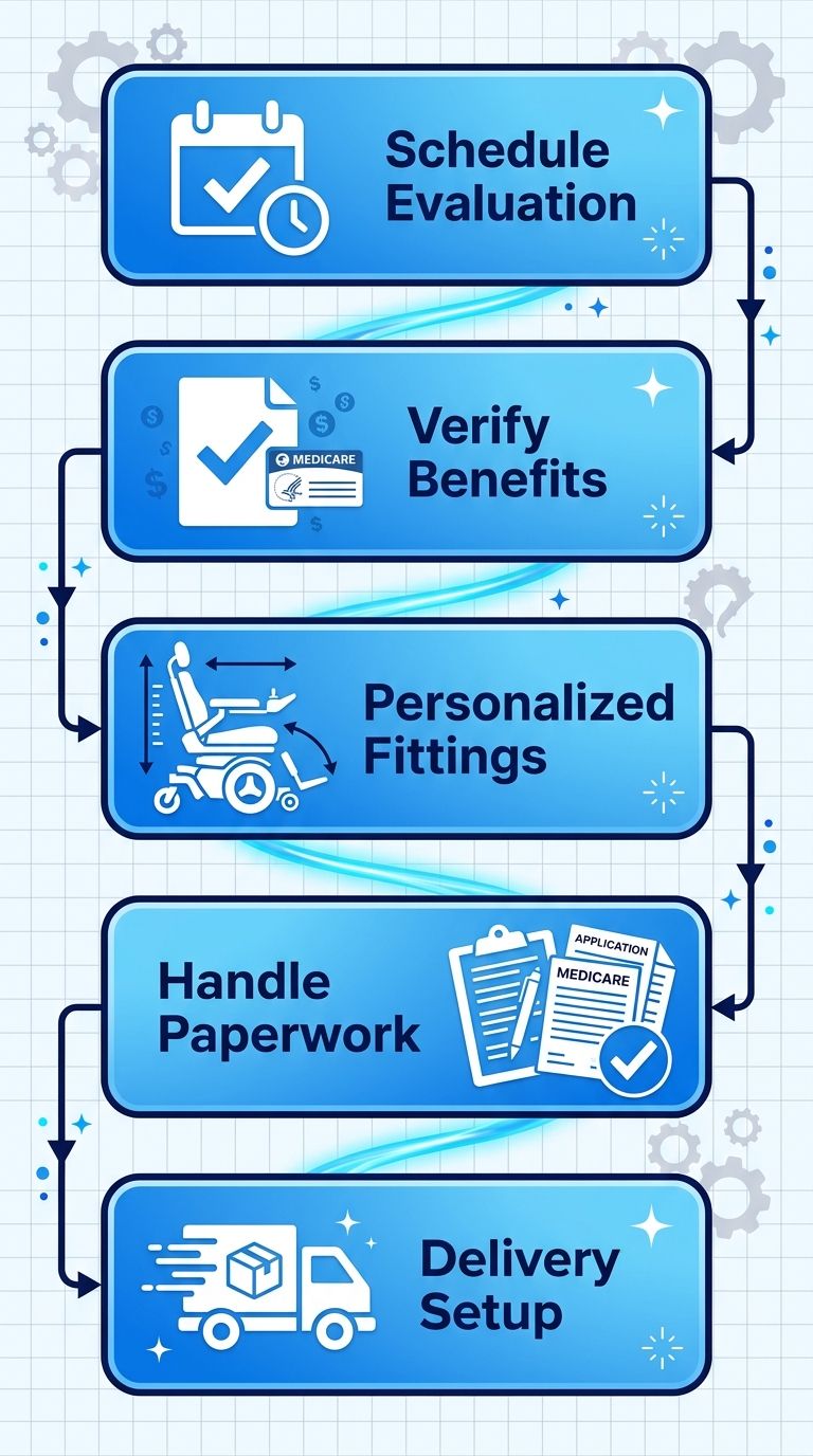Vertical process flow diagram illustrating five steps to acquire Rovi X3 motorized wheelchair: schedule evaluation, verify Medicare benefits, personalized fittings, handle paperwork, delivery and setup.