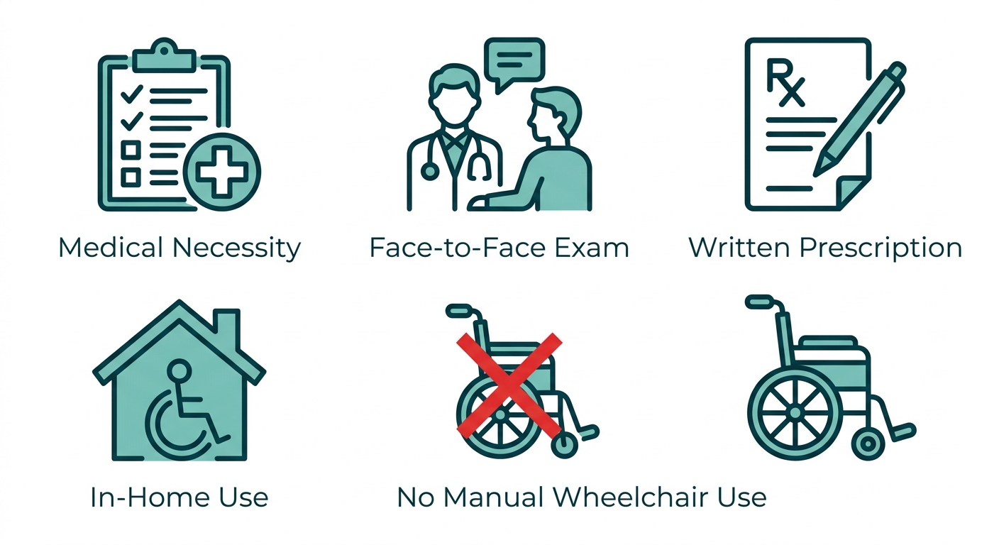 Flat teal icon set showing the five Medicare power wheelchair coverage criteria: medical necessity, face-to-face exam, written prescription, in-home use, and no manual wheelchair use.