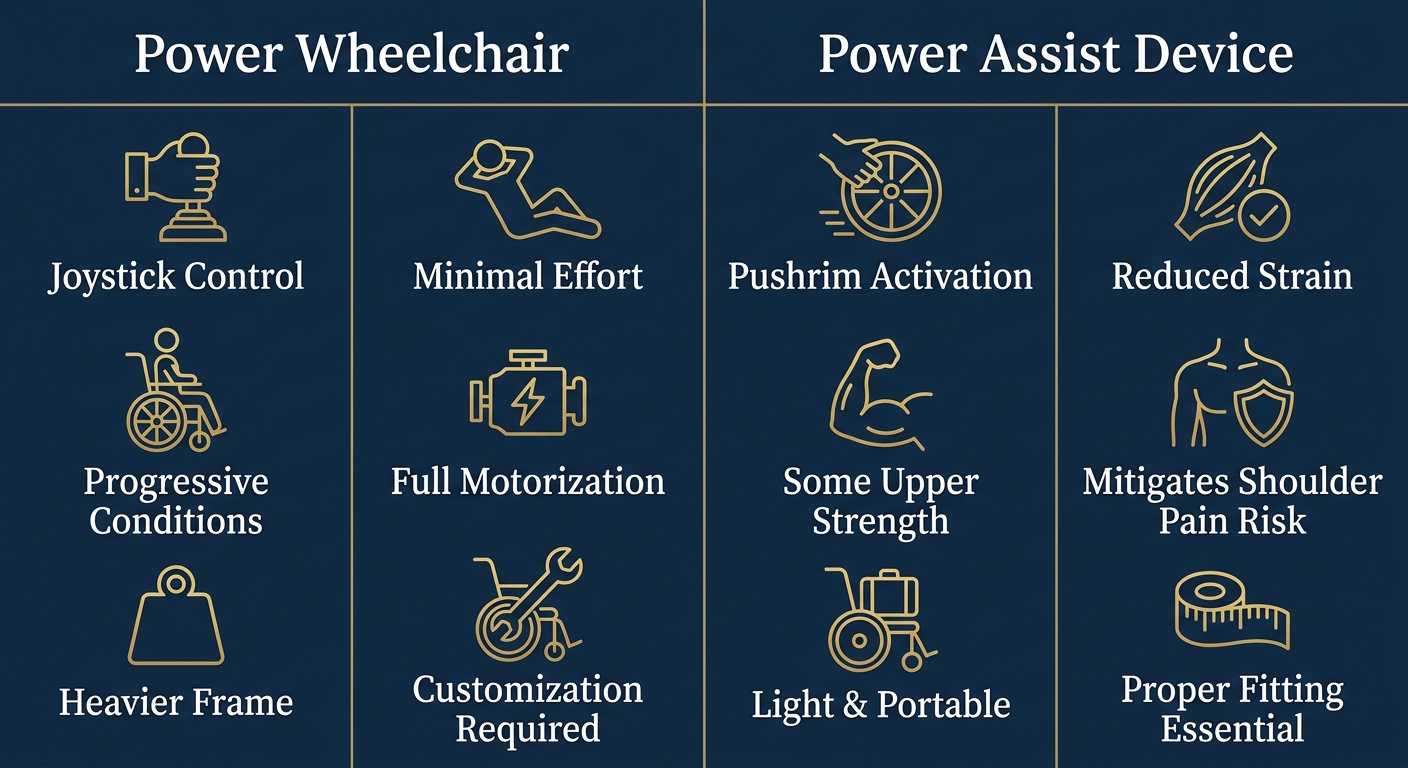 Infographic comparing Power Wheelchair and Power Assist Device, each column has six icon and label pairs.