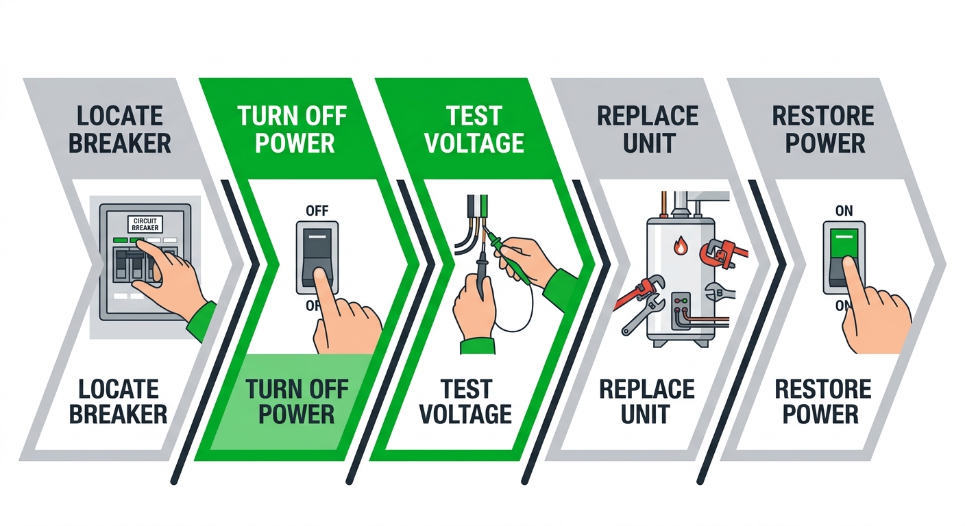 Five-step electrical panel repair process diagram with circuit breaker icons in vibrant green, soft gray, and dark charcoal on white cards