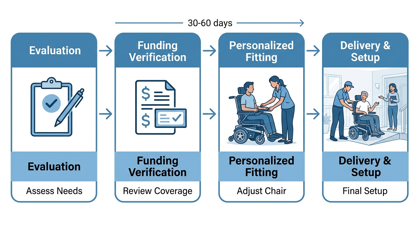 Four-stage patient journey diagram from evaluation to wheelchair delivery with MedEquipped